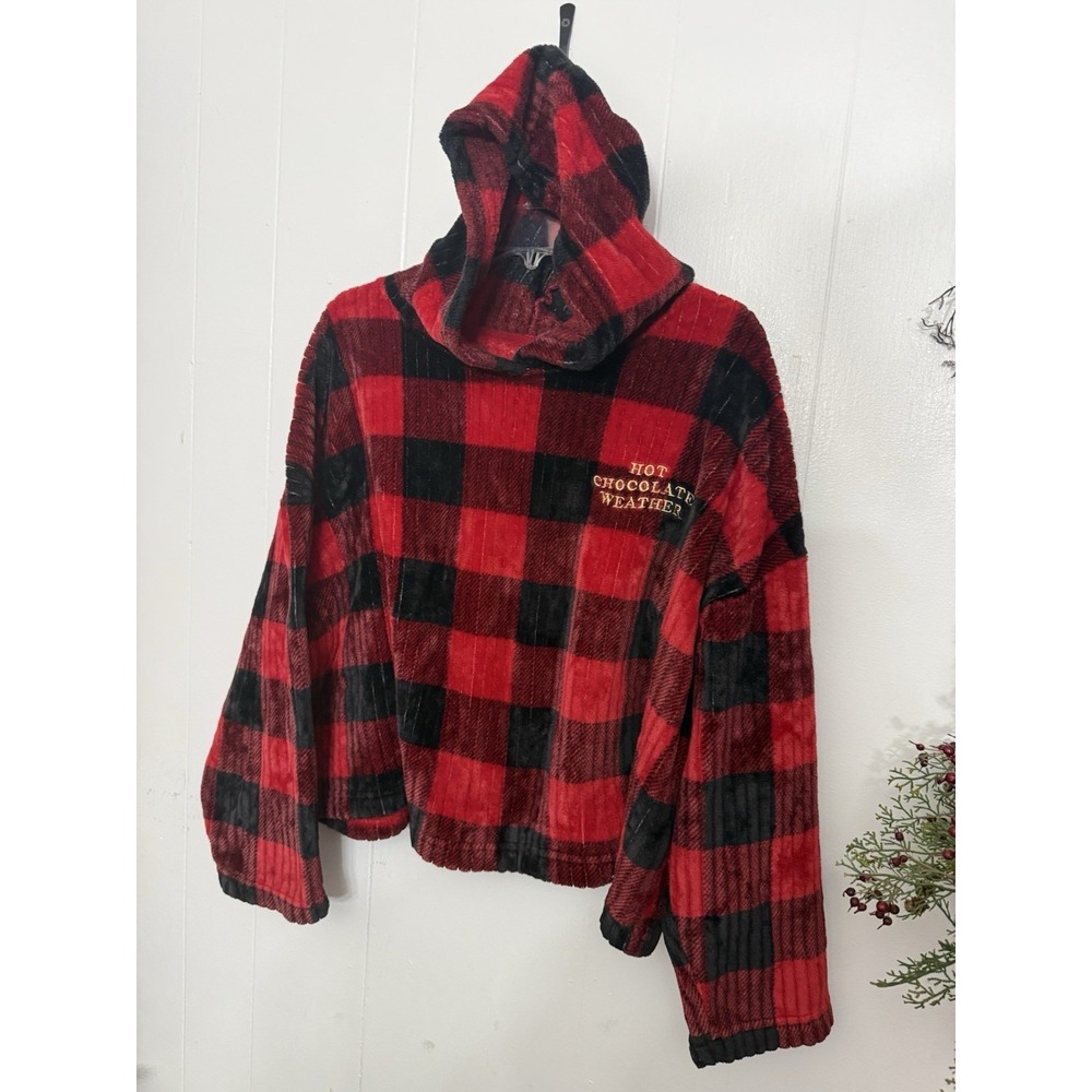 Joyspun Buffalo Plaid Fleece Hoodie Cozy Hot Chocolate Weather Pullover XL Crop